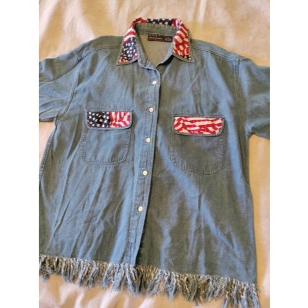 Vintage American Flag Denim Shirt Size Medium Fringe Trim Patriotic